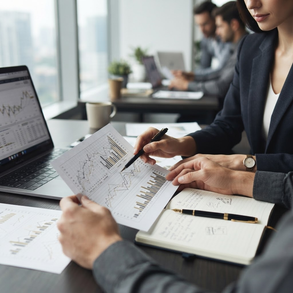 Hands reviewing printed financial charts beside a laptop